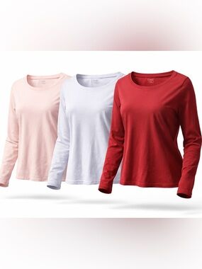 Set of Three Long Sleeve Shirts in Red, light Lavender, and Pink